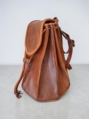 Vintage Brown Leather Backpack Boho Drawstring Rucksack Cognac Patina Unisex